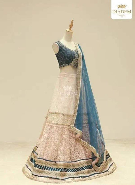 White Blue Sequins Thread Embroidered Bridal Lehenga - Diadem