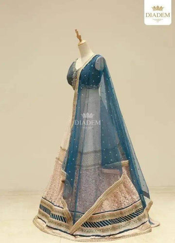 White Blue Sequins Thread Embroidered Bridal Lehenga - Diadem