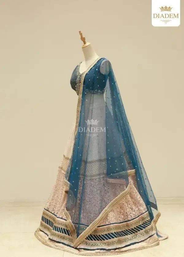 White Blue Sequins Thread Embroidered Bridal Lehenga - Diadem