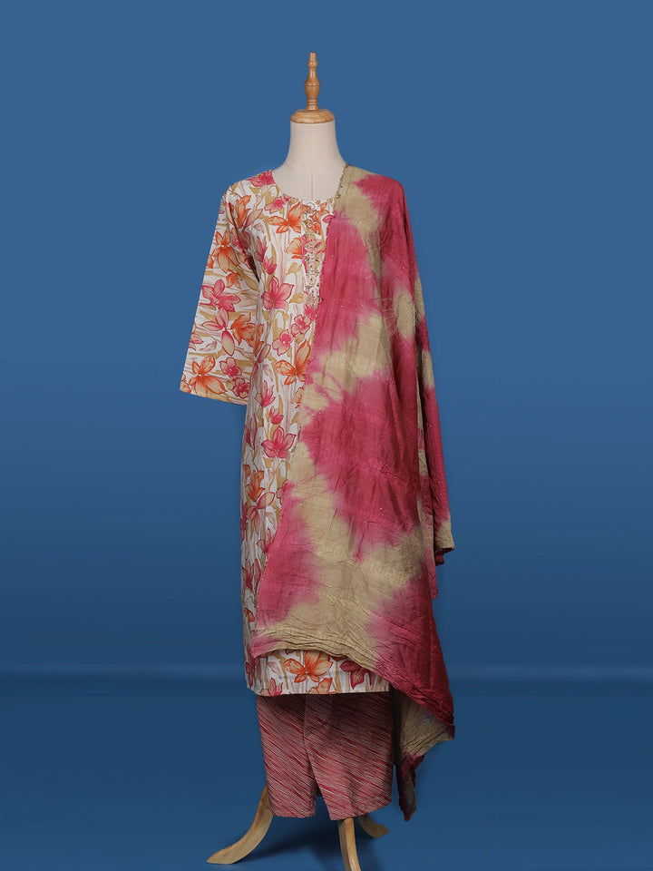 White Cotton Floral Printed Salwar Suit - Diadem