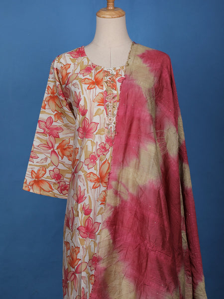 White Cotton Floral Printed Salwar Suit - Diadem