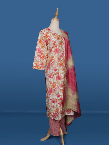 White Cotton Floral Printed Salwar Suit - Diadem
