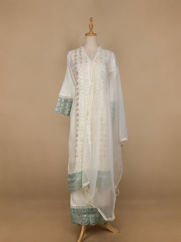 White Floral And Sequins Embroidered Cotton Straight Cut Salwar Suit - Diadem