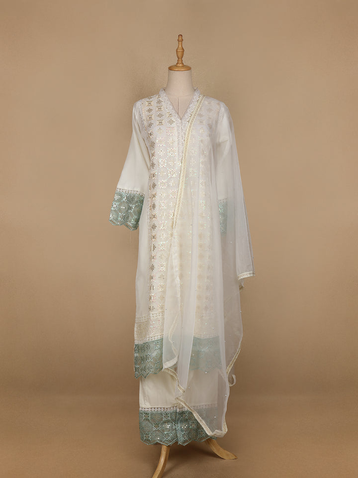 White Floral And Sequins Embroidered Cotton Straight Cut Salwar Suit - Diadem