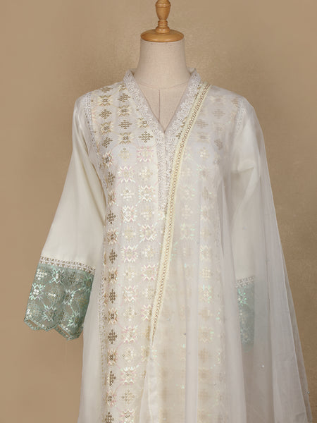 White Floral And Sequins Embroidered Cotton Straight Cut Salwar Suit - Diadem