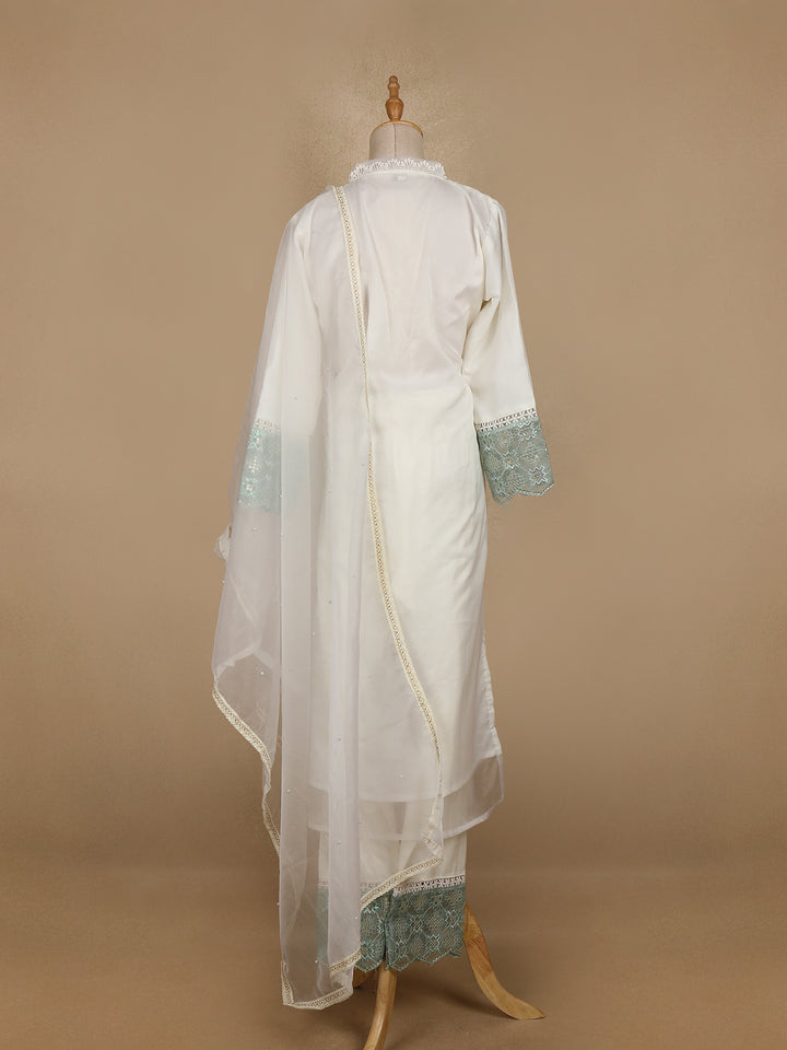 White Floral And Sequins Embroidered Cotton Straight Cut Salwar Suit - Diadem