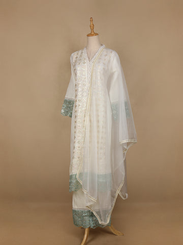 White Floral And Sequins Embroidered Cotton Straight Cut Salwar Suit - Diadem
