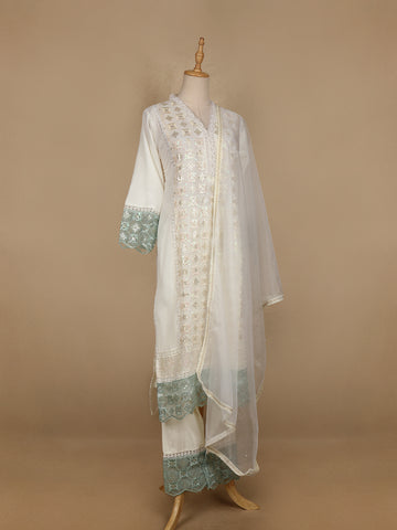 White Floral And Sequins Embroidered Cotton Straight Cut Salwar Suit - Diadem