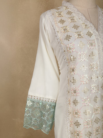 White Floral And Sequins Embroidered Cotton Straight Cut Salwar Suit - Diadem