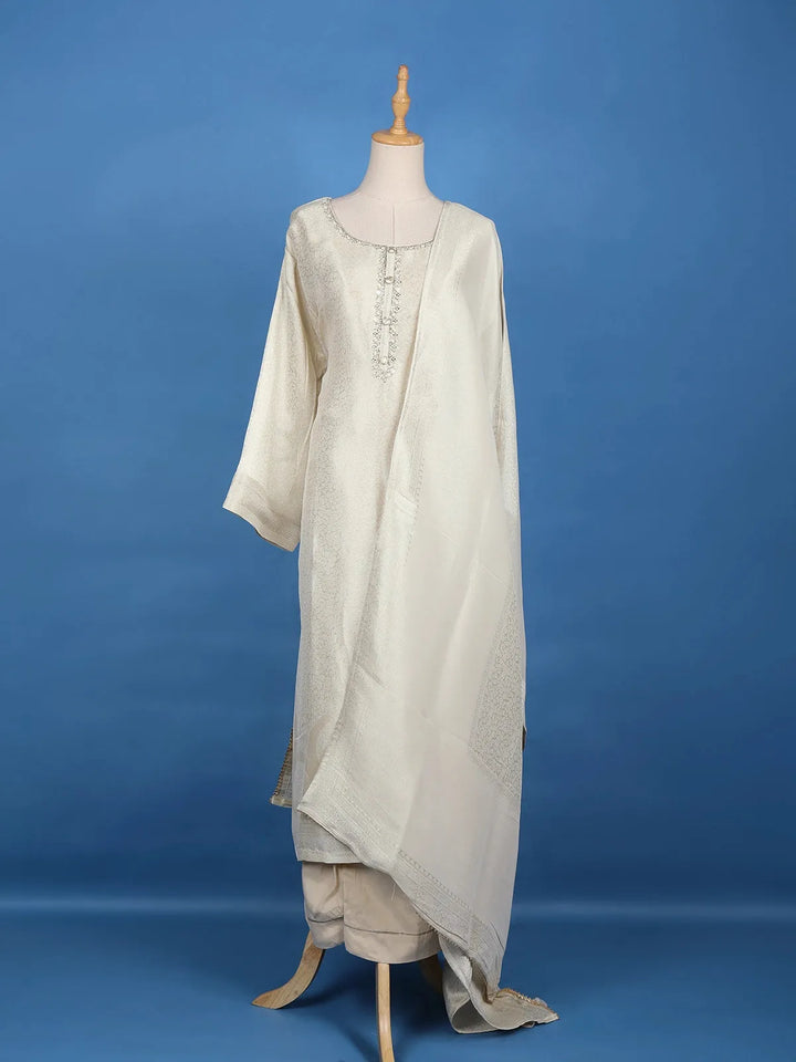 White Floral Design Banarasi Silk Straight Cut Salwar Suit - Diadem