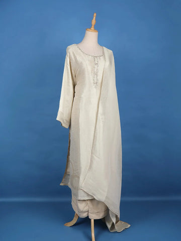 White Floral Design Banarasi Silk Straight Cut Salwar Suit - Diadem