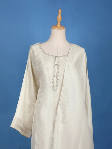White Floral Design Banarasi Silk Straight Cut Salwar Suit - Diadem