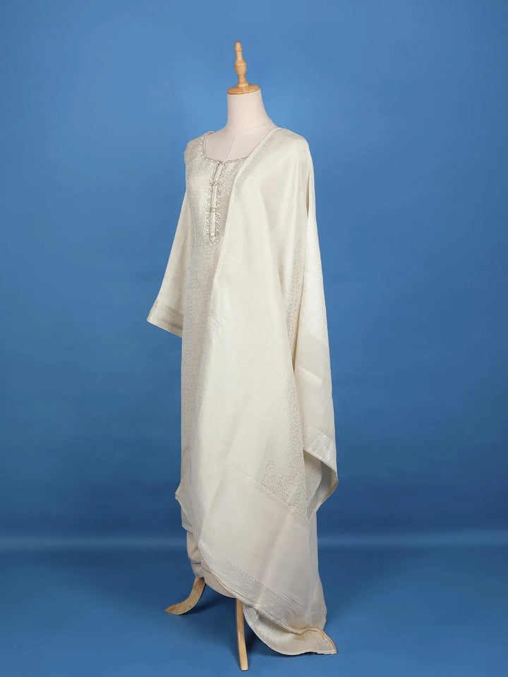 White Floral Design Banarasi Silk Straight Cut Salwar Suit - Diadem