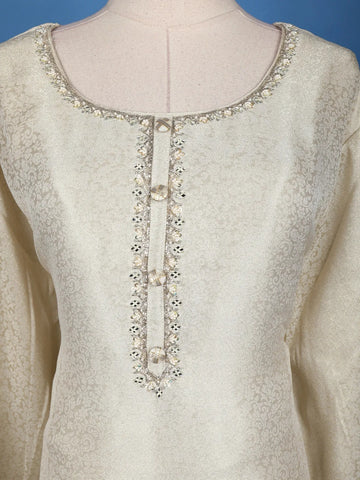 White Floral Design Banarasi Silk Straight Cut Salwar Suit - Diadem