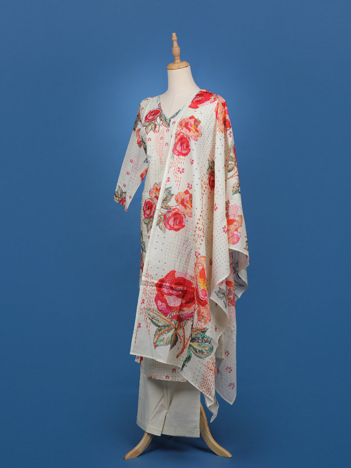 White Floral Design Cotton Salwar Suit - Diadem