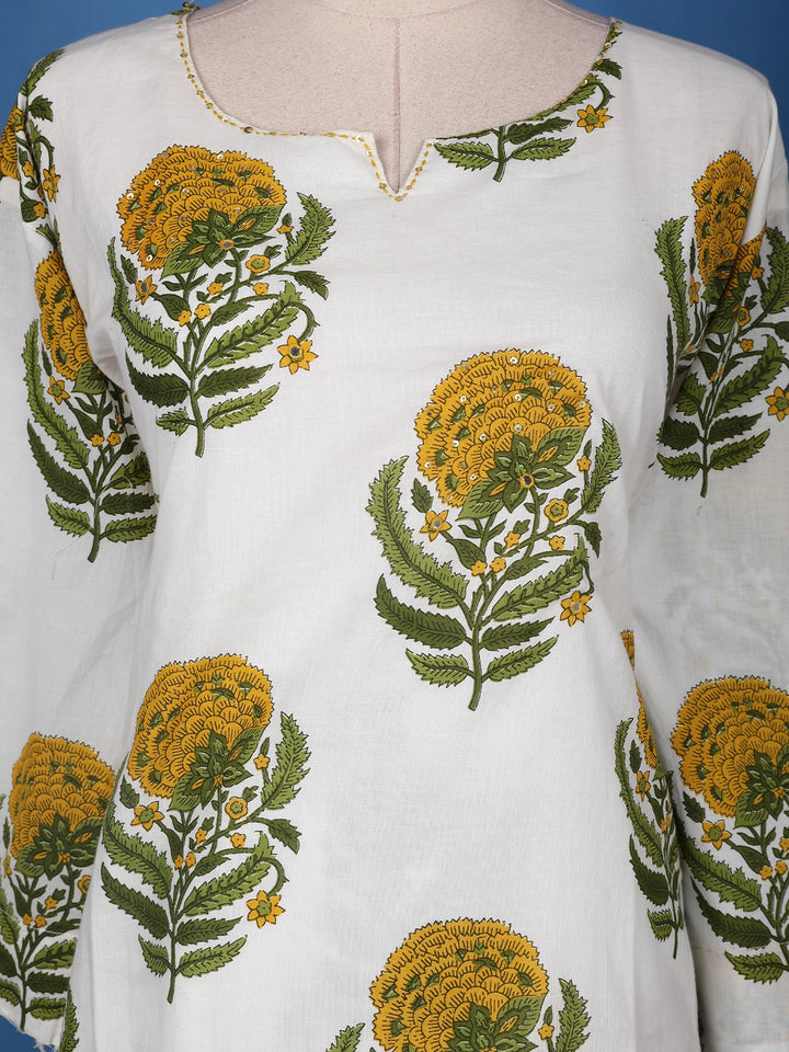 White Floral Design Printed Cotton Salwar Suit - Diadem