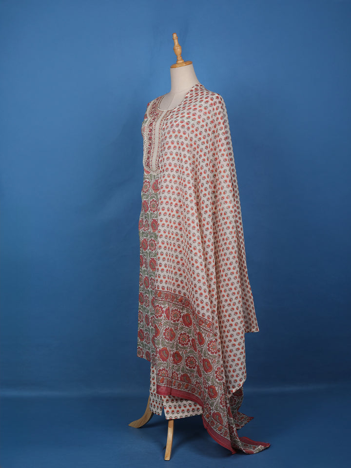 White Floral Designed Cotton Salwar Suit - Diadem