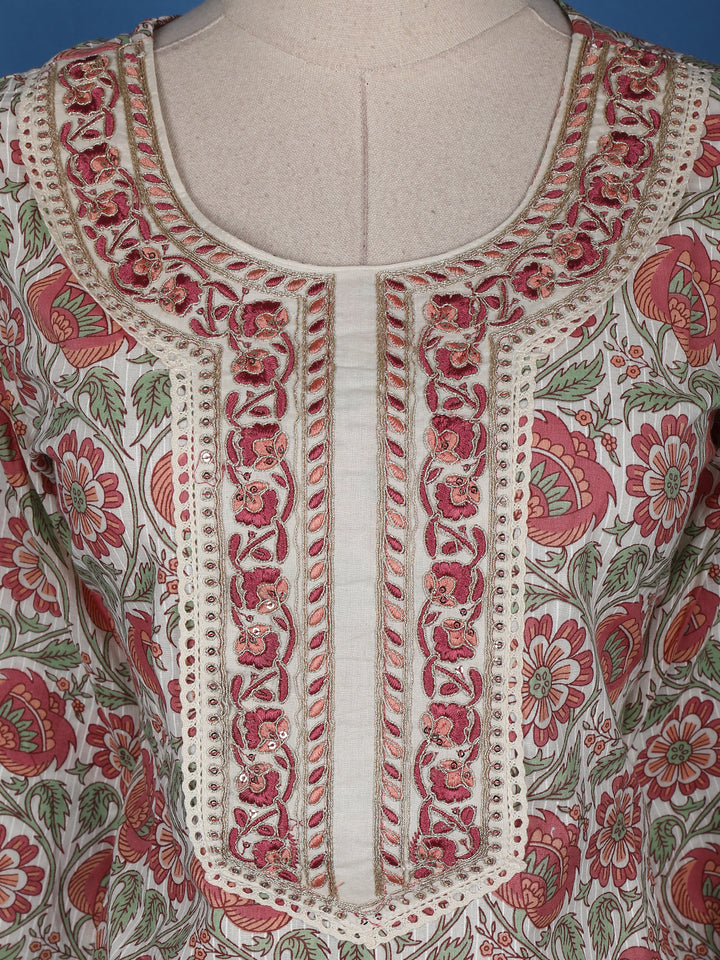 White Floral Designed Cotton Salwar Suit - Diadem