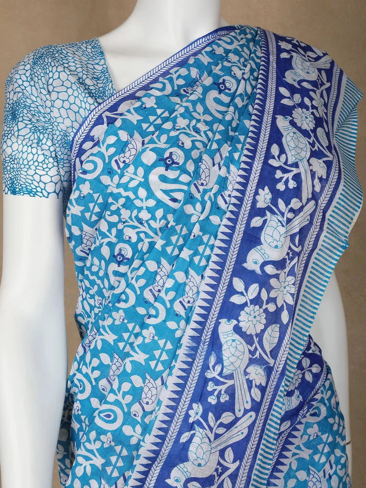 White Floral Designed Cotton Saree - Diadem