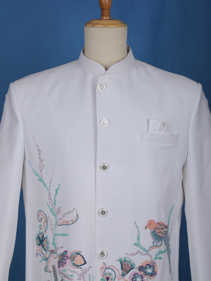 White Floral Designed Jodhpuri Men's Suit - Diadem