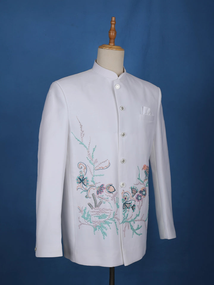 White Floral Designed Jodhpuri Men's Suit - Diadem