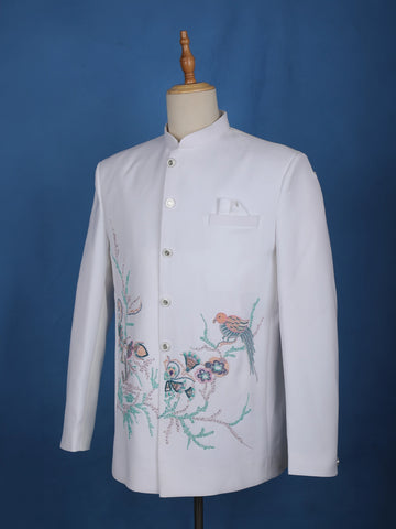 White Floral Designed Jodhpuri Men's Suit - Diadem