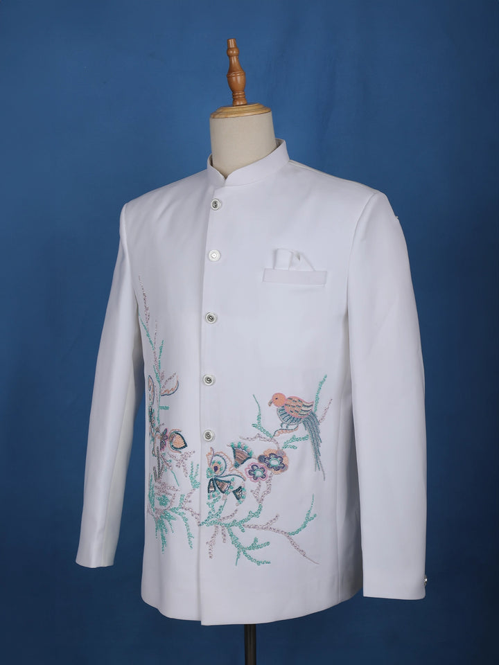 White Floral Designed Jodhpuri Men's Suit - Diadem