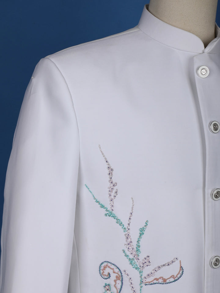 White Floral Designed Jodhpuri Men's Suit - Diadem