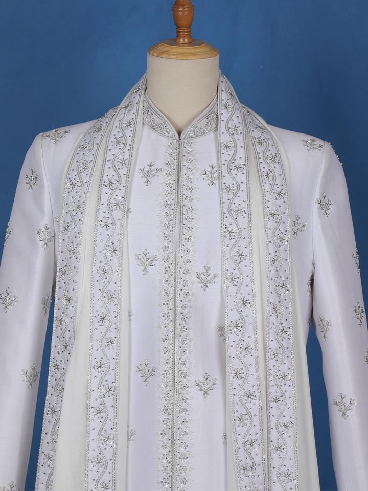 White Floral Designed Sherwani Suit - Diadem