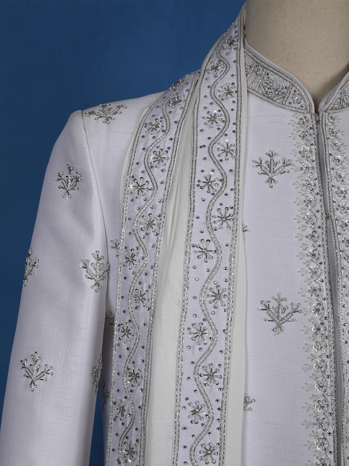 White Floral Designed Sherwani Suit - Diadem