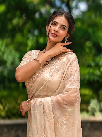White Floral Embroidered Organza Bridal Designer Saree - Diadem