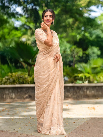 White Floral Embroidered Organza Bridal Designer Saree - Diadem