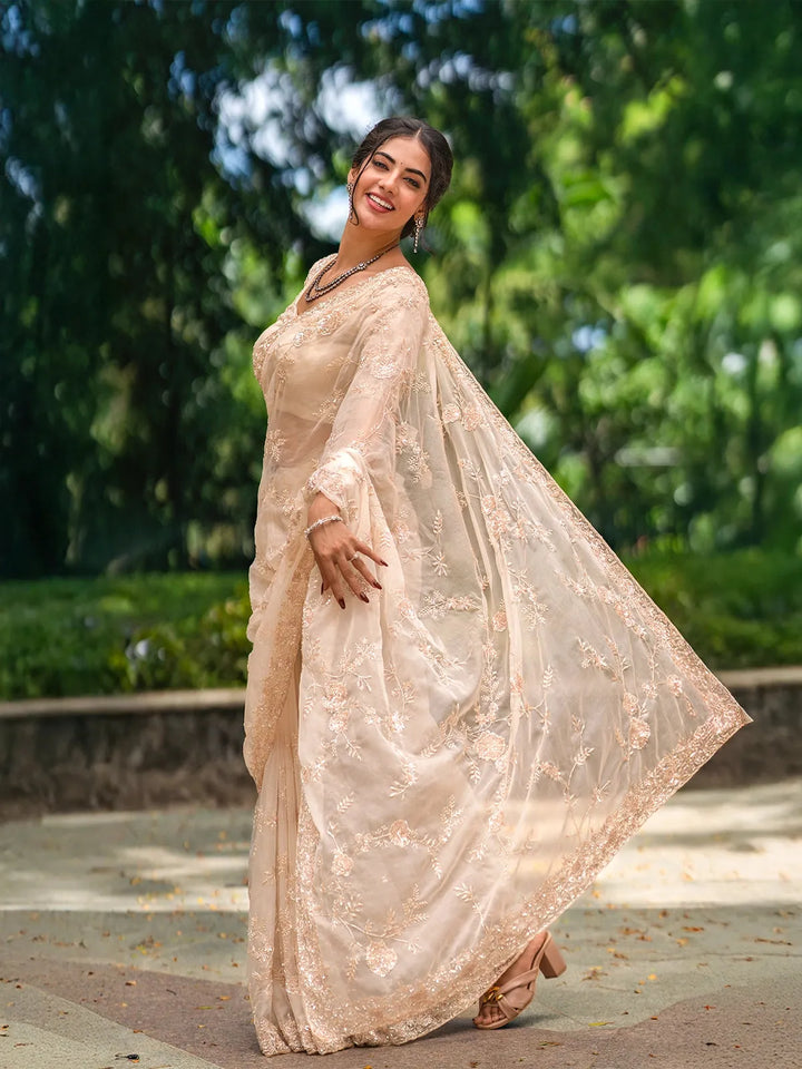 White Floral Embroidered Organza Bridal Designer Saree - Diadem