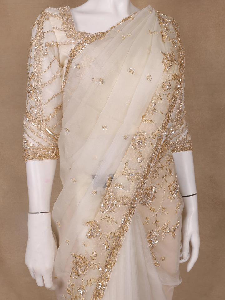 White Floral Embroidery Organza Designer Saree - Diadem