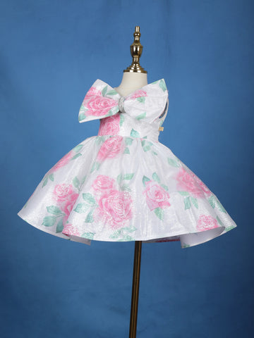 White Floral Glitter Embellished Party Net Frock with Oversized Bow - Diadem