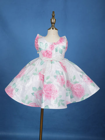 White Floral Glitter Embellished Party Net Frock with Oversized Bow - Diadem