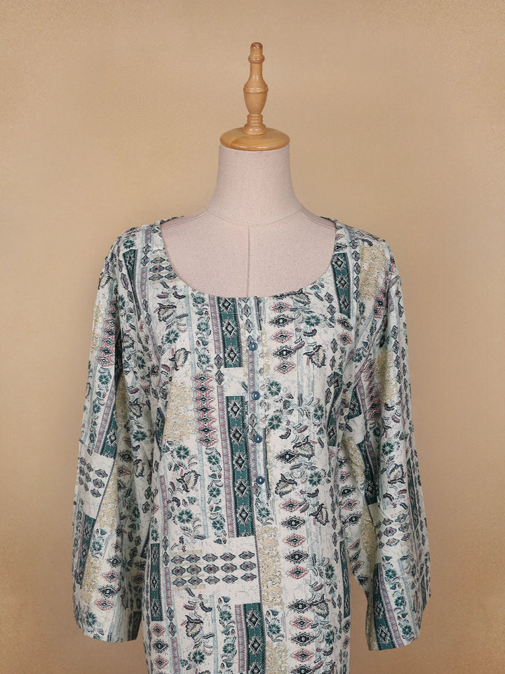 White Floral Printed Cotton Kurti - Diadem