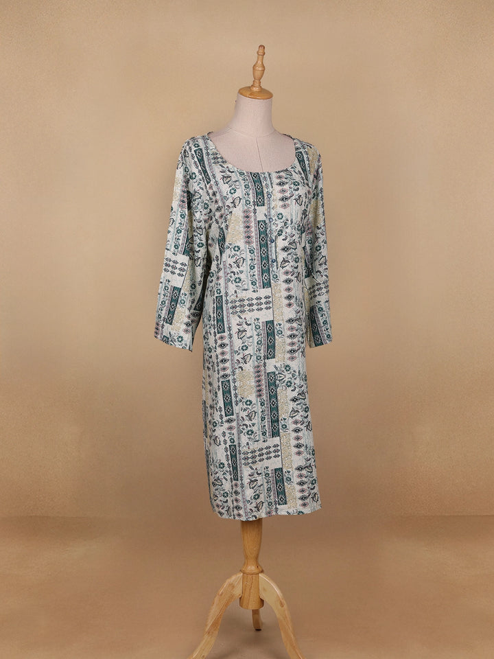 White Floral Printed Cotton Kurti - Diadem