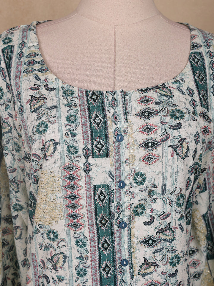 White Floral Printed Cotton Kurti - Diadem