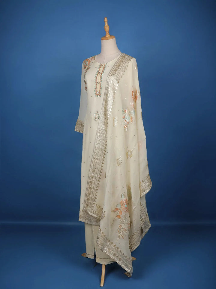 White Floral Printed Raw Silk Straight Cut Salwar Suit - Diadem