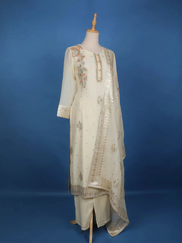 White Floral Printed Raw Silk Straight Cut Salwar Suit - Diadem
