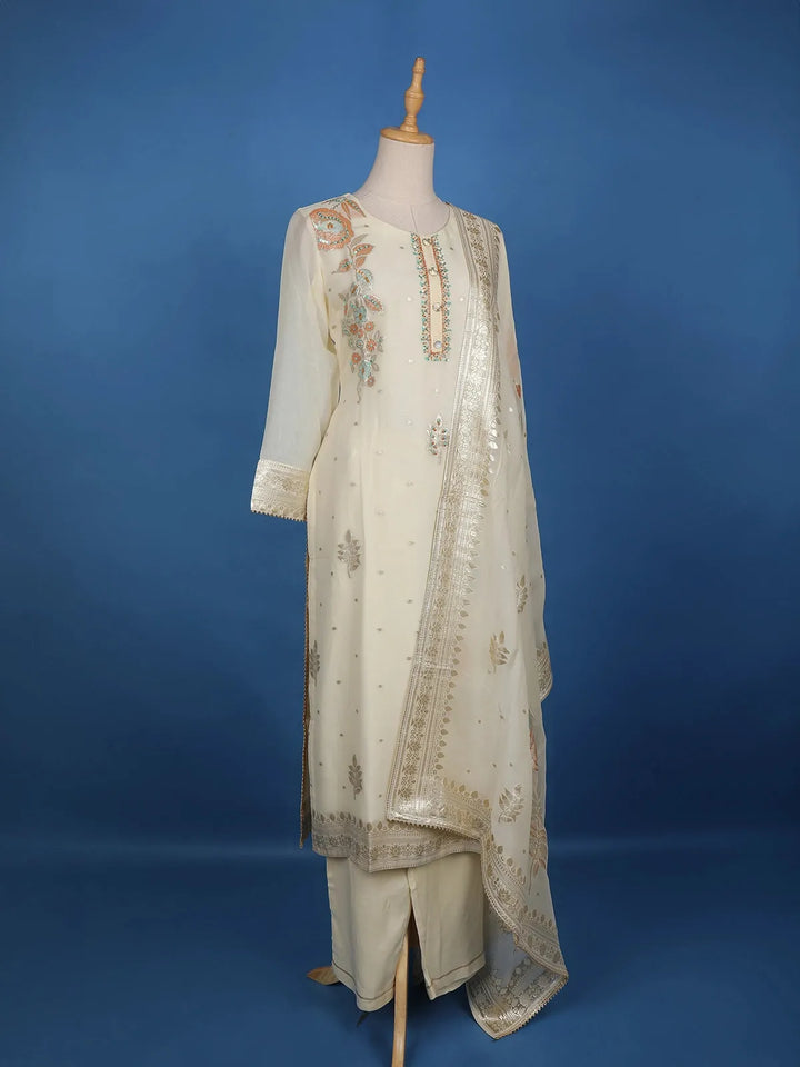 White Floral Printed Raw Silk Straight Cut Salwar Suit - Diadem