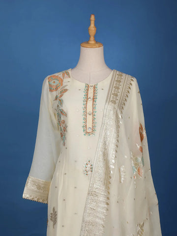 White Floral Printed Raw Silk Straight Cut Salwar Suit - Diadem