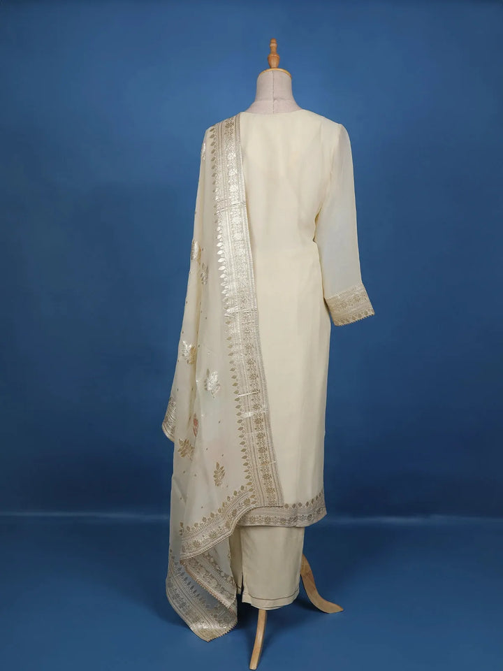 White Floral Printed Raw Silk Straight Cut Salwar Suit - Diadem