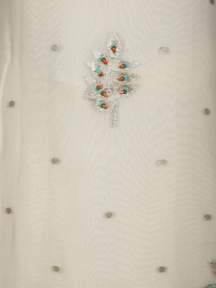 White Floral Printed Raw Silk Straight Cut Salwar Suit - Diadem
