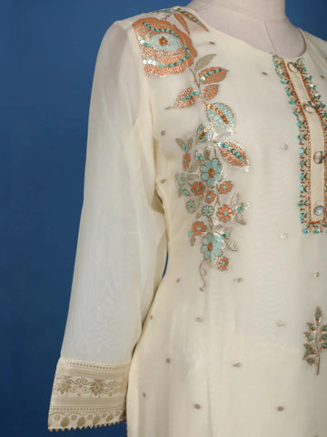 White Floral Printed Raw Silk Straight Cut Salwar Suit - Diadem