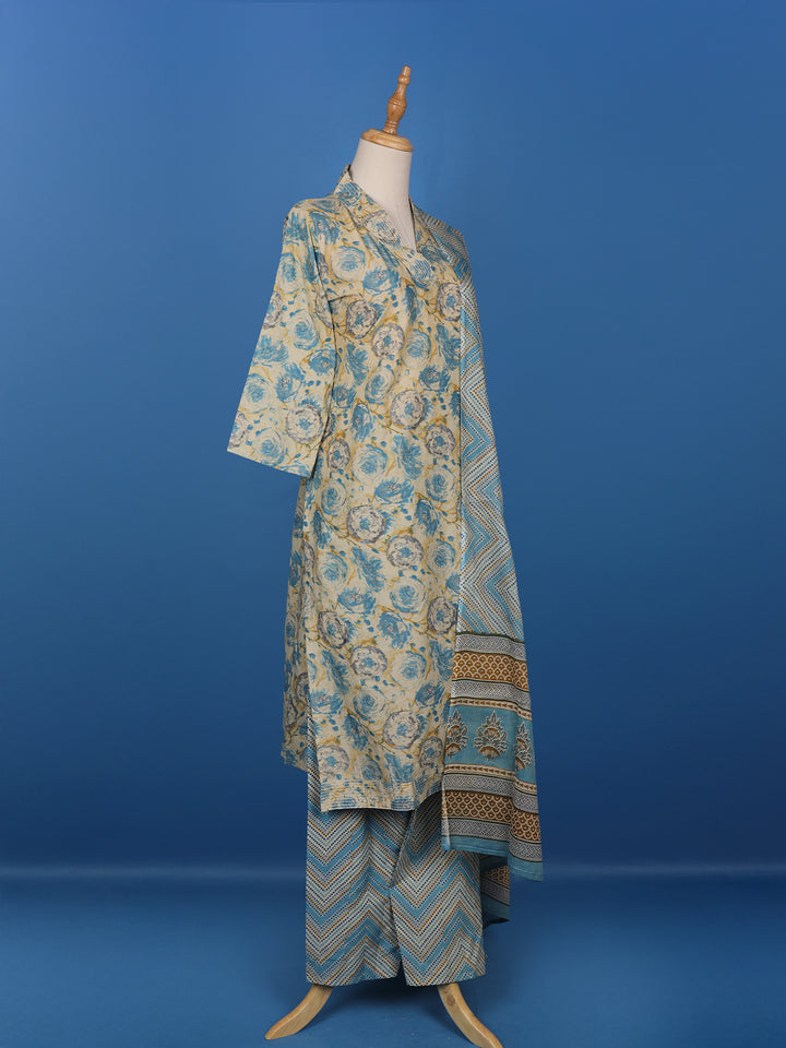 White Floral Prints Cotton Straight Cut Salwar Suit - Diadem