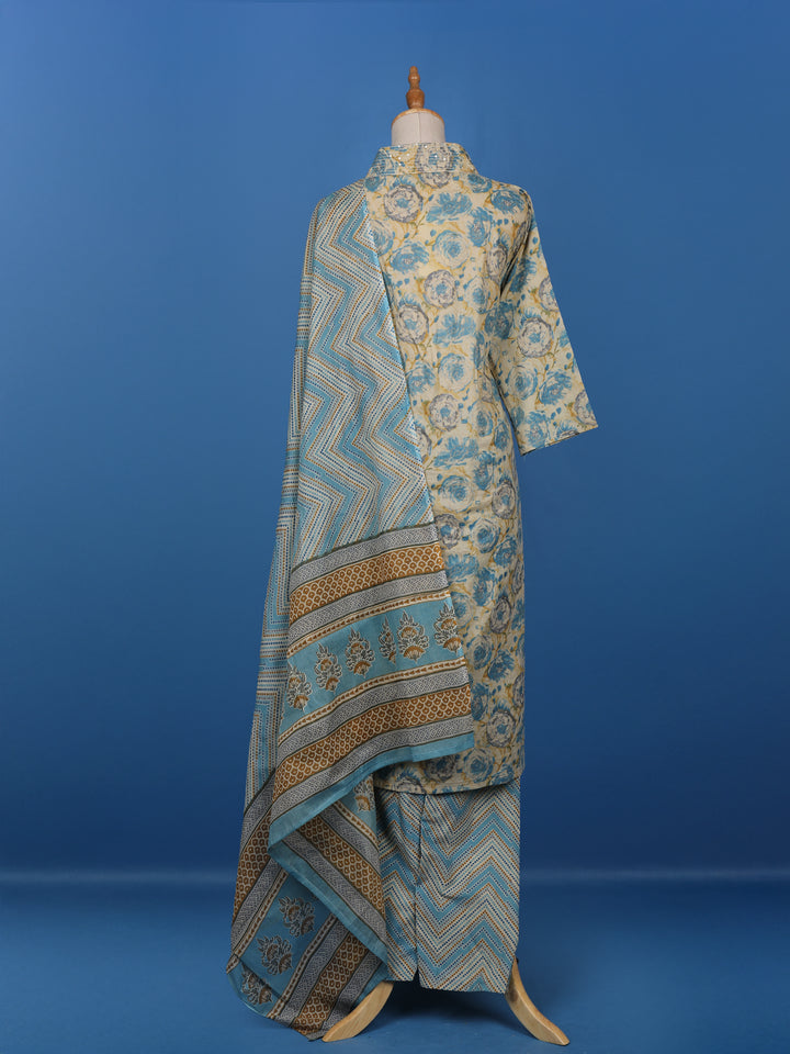 White Floral Prints Cotton Straight Cut Salwar Suit - Diadem