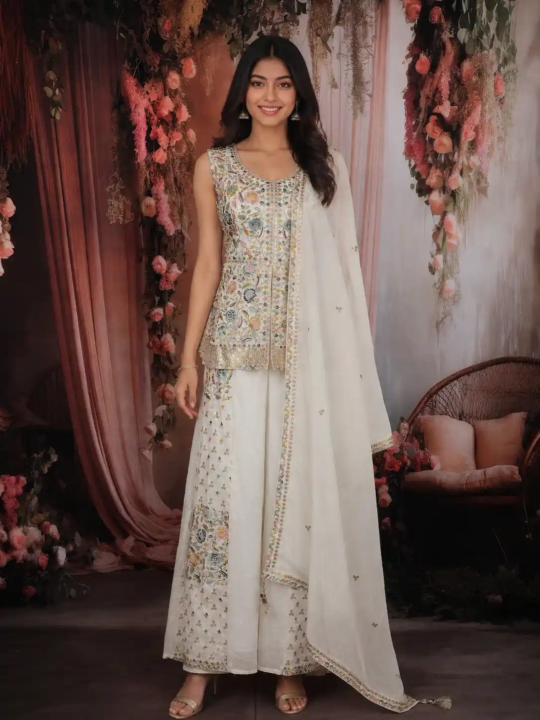 White Floral and Sequin Embroidered Georgette Palazzo Suit with Dupatta