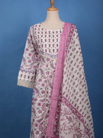 White and Purple Paisley Floral Printed Cotton Salwar Suit Set - Diadem
